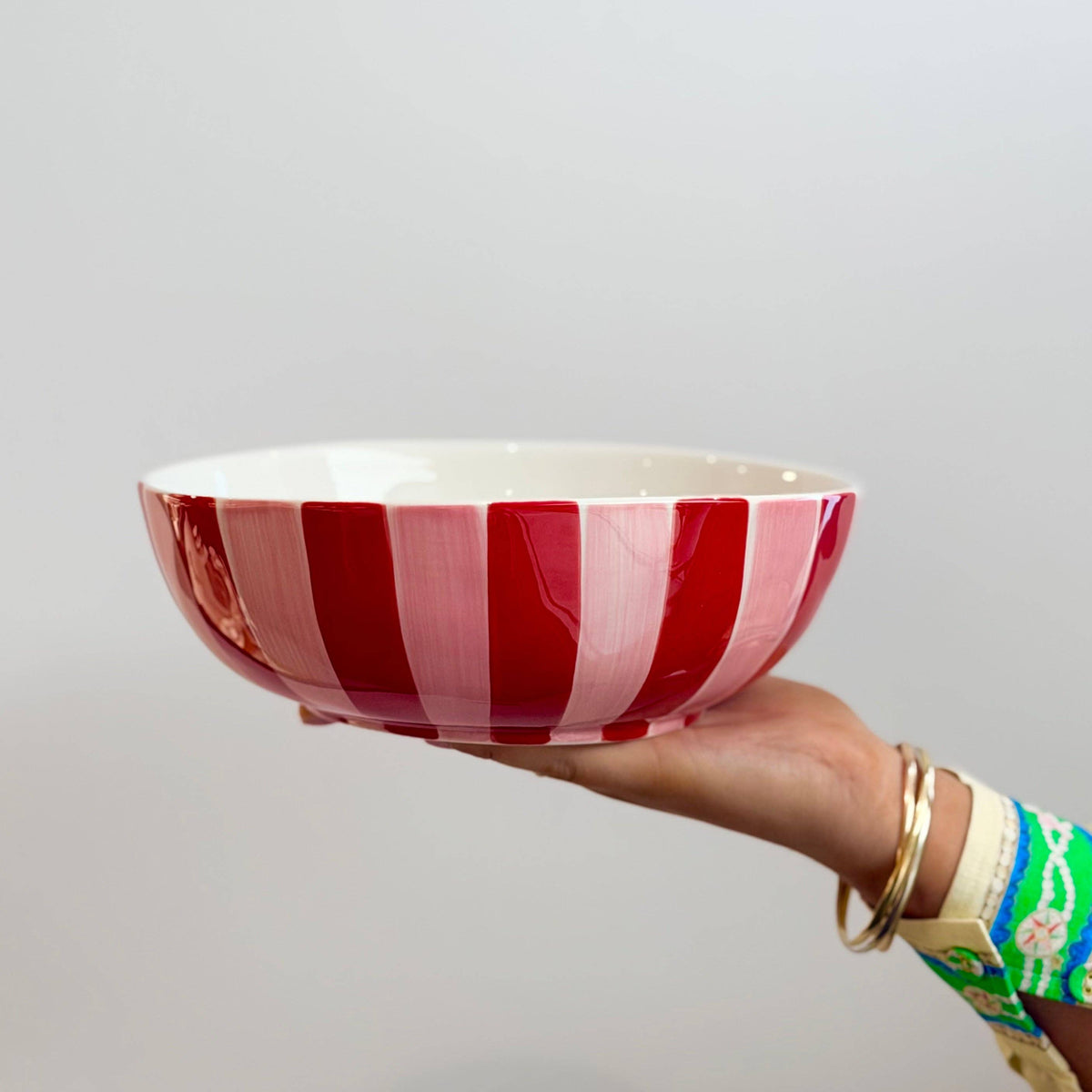 Ceramic Salad Bowl | Pink & Red Stripe