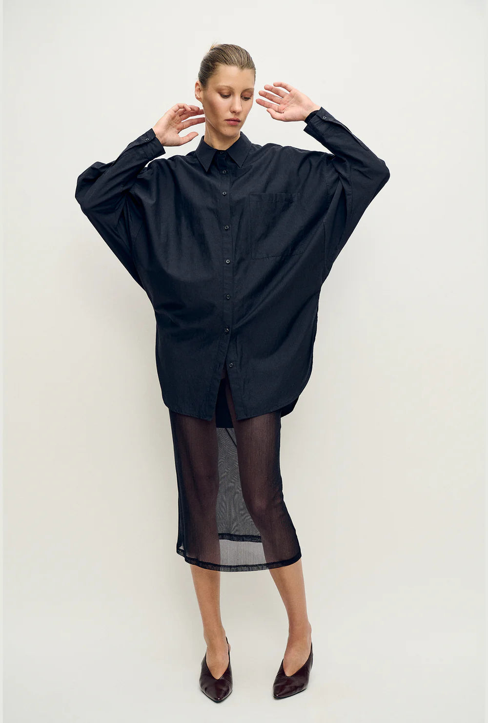 Cotton Silk Round Shirt - Black