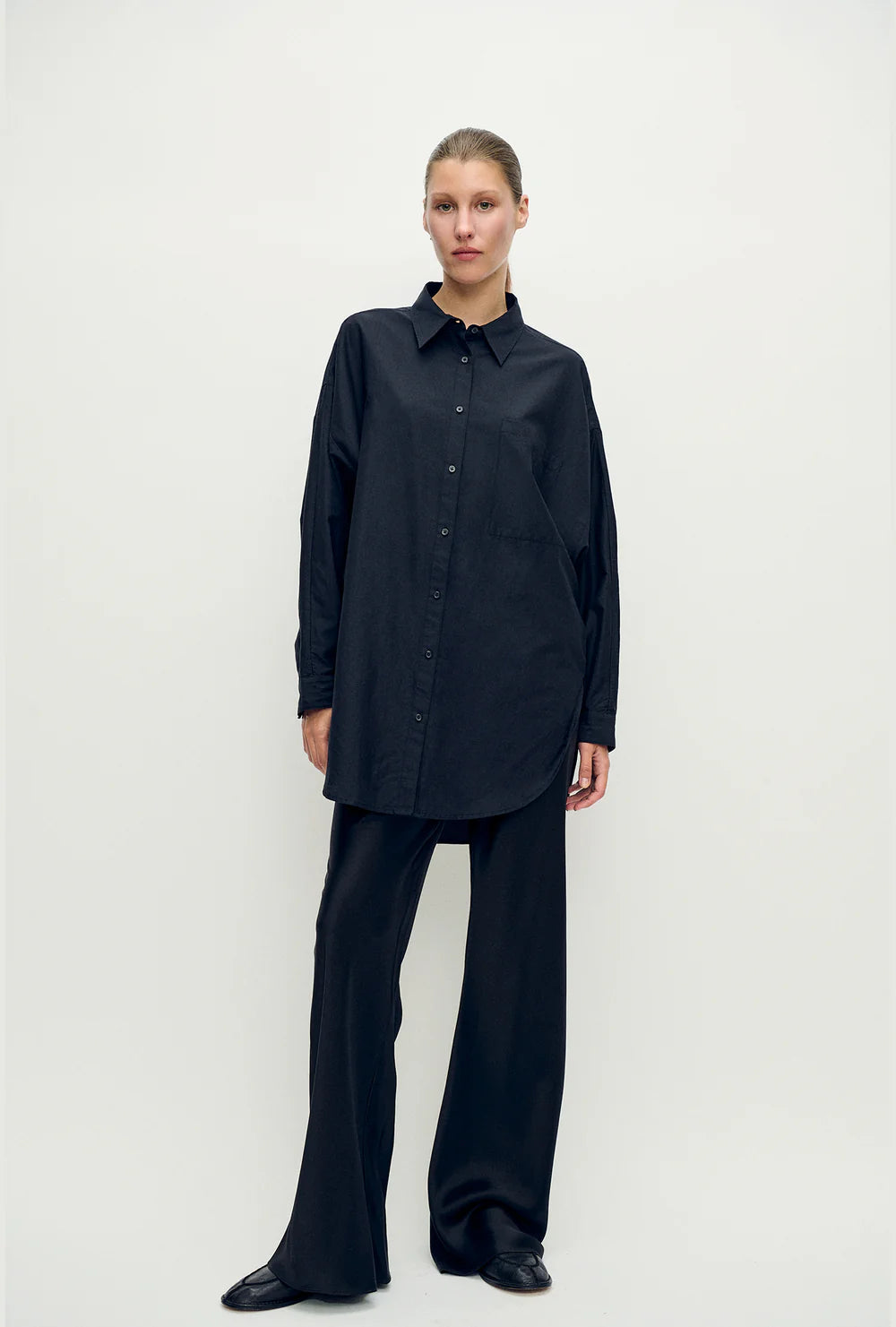 Cotton Silk Round Shirt - Black