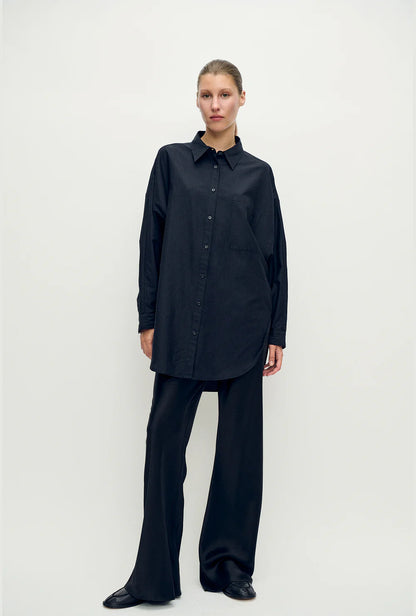 Cotton Silk Round Shirt - Black