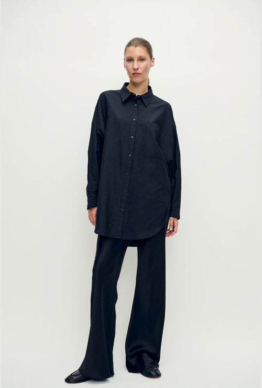 Cotton Silk Round Shirt - Black