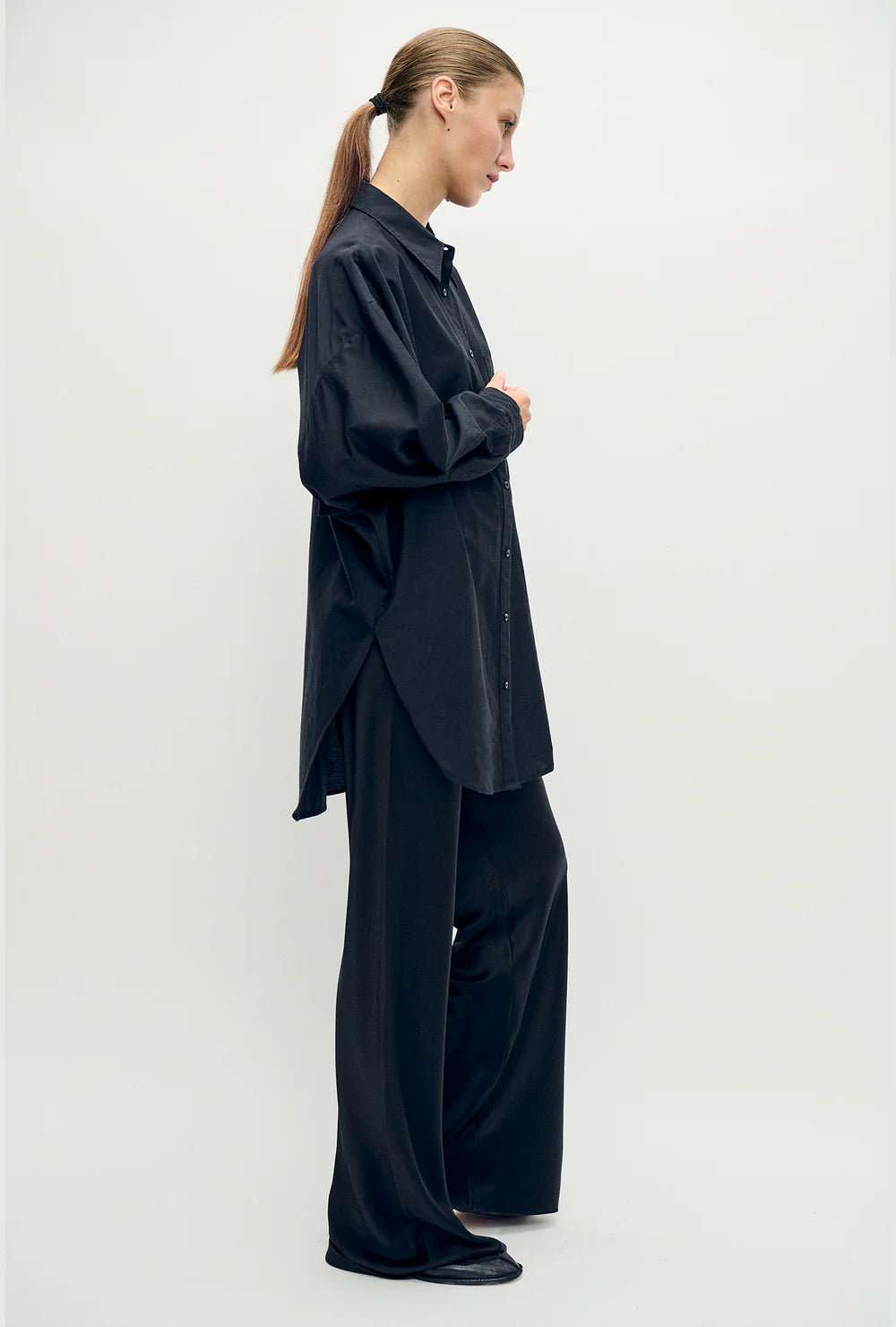 Cotton Silk Round Shirt - Black