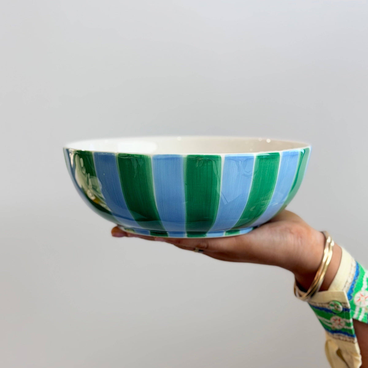 Ceramic Salad Bowl | Green & Cornflower Blue Stripe